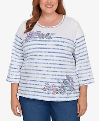 Alfred Dunner Plus Hilton Head Applique Flower Tie Dye Stripe Knit Top