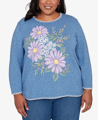 Alfred Dunner Plus Hilton Head Cross Stitched Floral Pullover Sweater