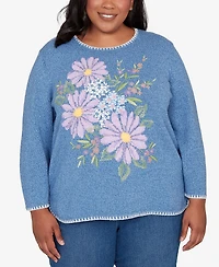 Alfred Dunner Plus Hilton Head Cross Stitched Floral Pullover Sweater