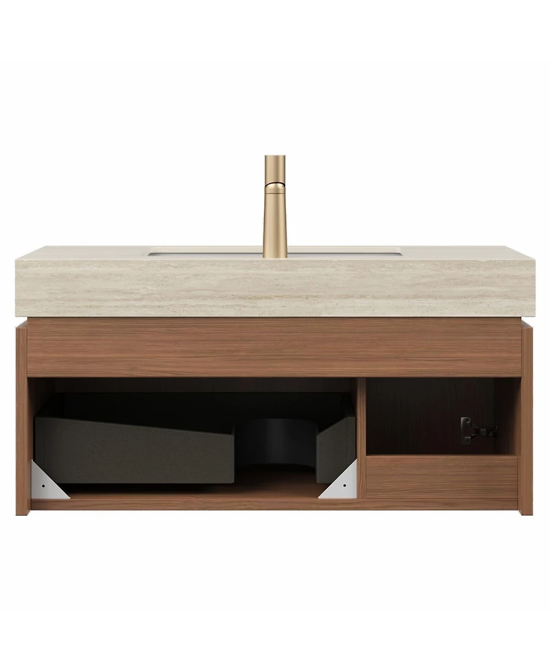 Streamdale Roma Travertine Sintered Stone Vanity with Ceramic Basin & Oak Drawer