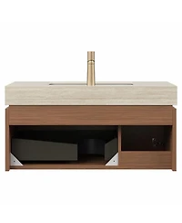 Streamdale Roma Travertine Sintered Stone Vanity with Ceramic Basin & Oak Drawer