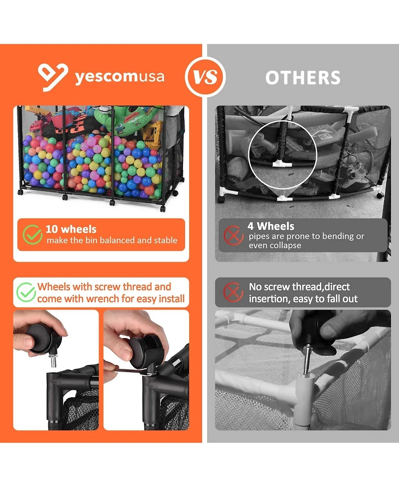 Yescom 2 Pack Mesh Pool Toy Storage Bin Rolling Cart with Wheels Noodle Holder