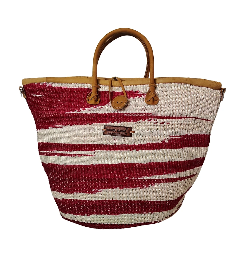 Sawa Sawa Crimson Courage Handwoven Red & White Sisal Straw Basket Tote