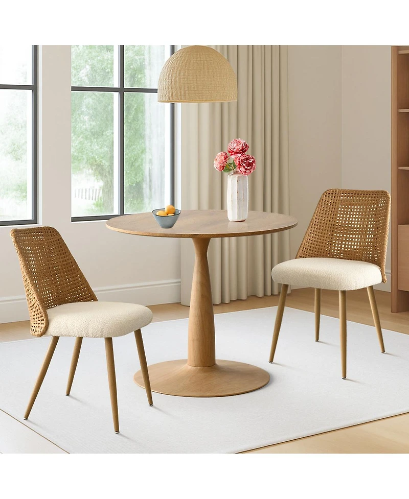 3-Piece 34.5" Round Dining Set with Wood-Look Pedestal Table and 2 Faux Rattan Back Chairs with Upholstered Seat and Tapered Legs-Maison Boucle