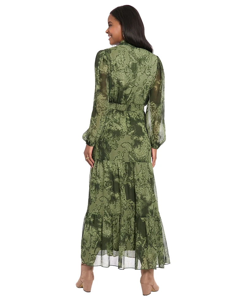 London Times Women's Printed Tiered Mock Neck Maxi Dress