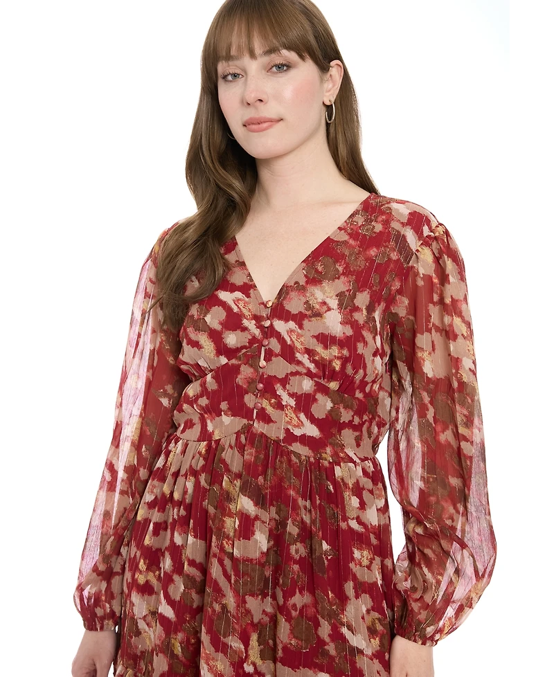 London Times Women's V-Neck Printed Flounce Dress