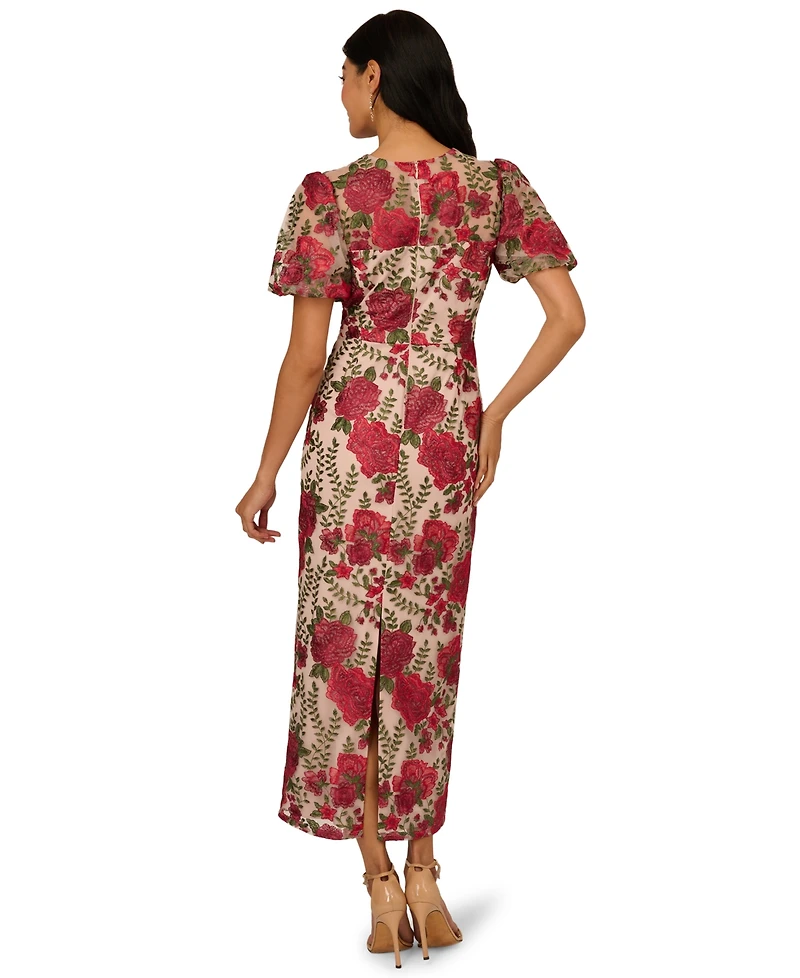 Adrianna Papell Women's Embroidered Puff Sleeve Dress
