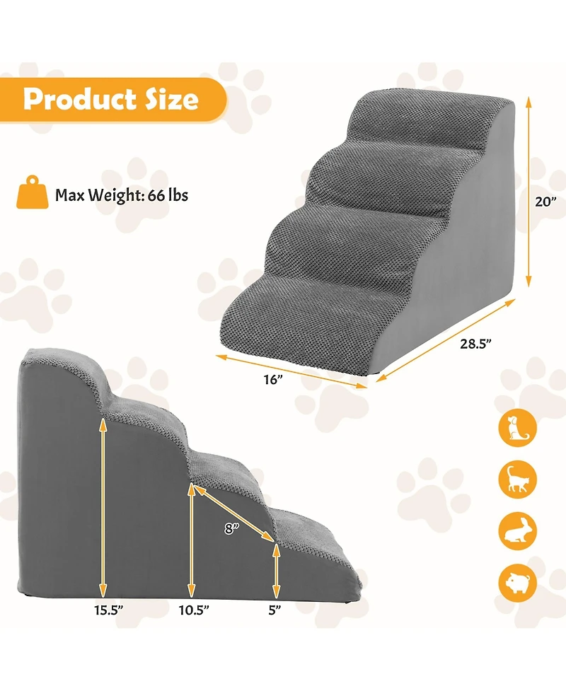 Gymax 4-Tier Foam Dog Ramp Non-Slip Dog Steps Soft Pet Stairs Ladder w/ brush for High Sofa Bed