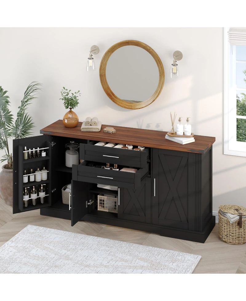 Streamdale 63" Farmhouse Barn Door Cabinet - Buffet Table/Coffee Bar, Black