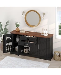 Streamdale 63" Farmhouse Barn Door Cabinet - Buffet Table/Coffee Bar, Black