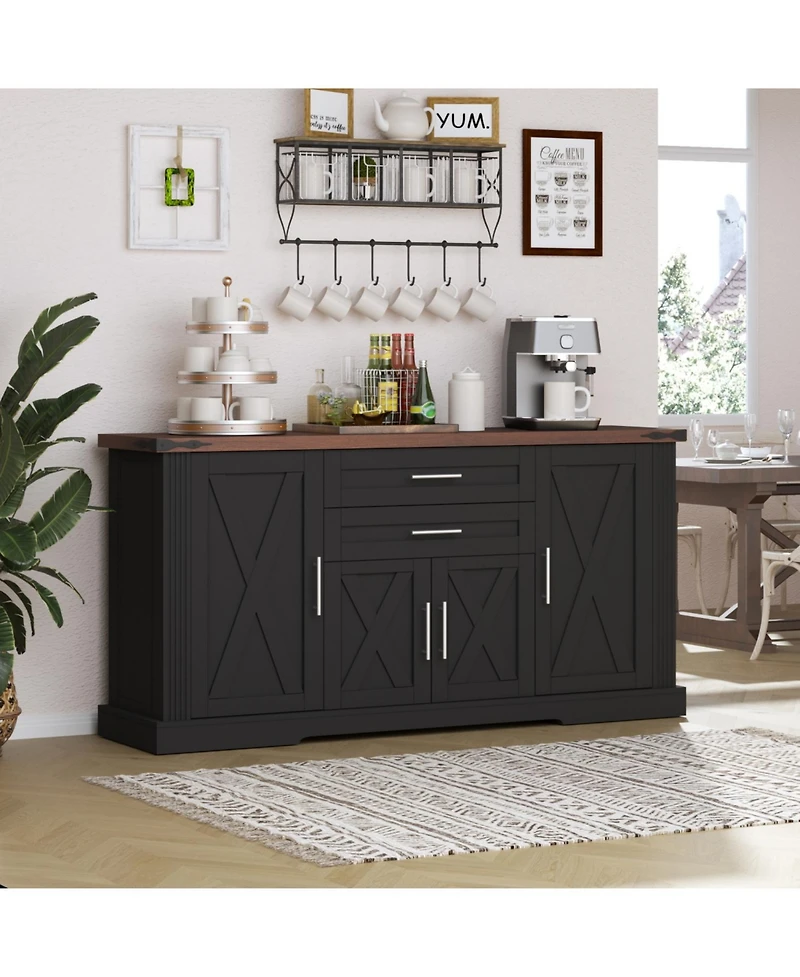 Streamdale 63" Farmhouse Barn Door Cabinet - Buffet Table/Coffee Bar, Black