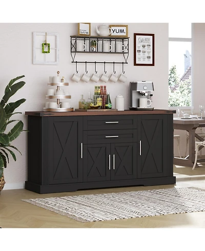 Streamdale 63" Farmhouse Barn Door Cabinet - Buffet Table/Coffee Bar, Black