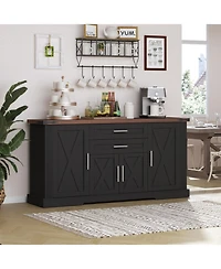 Streamdale 63" Farmhouse Barn Door Cabinet - Buffet Table/Coffee Bar, Black