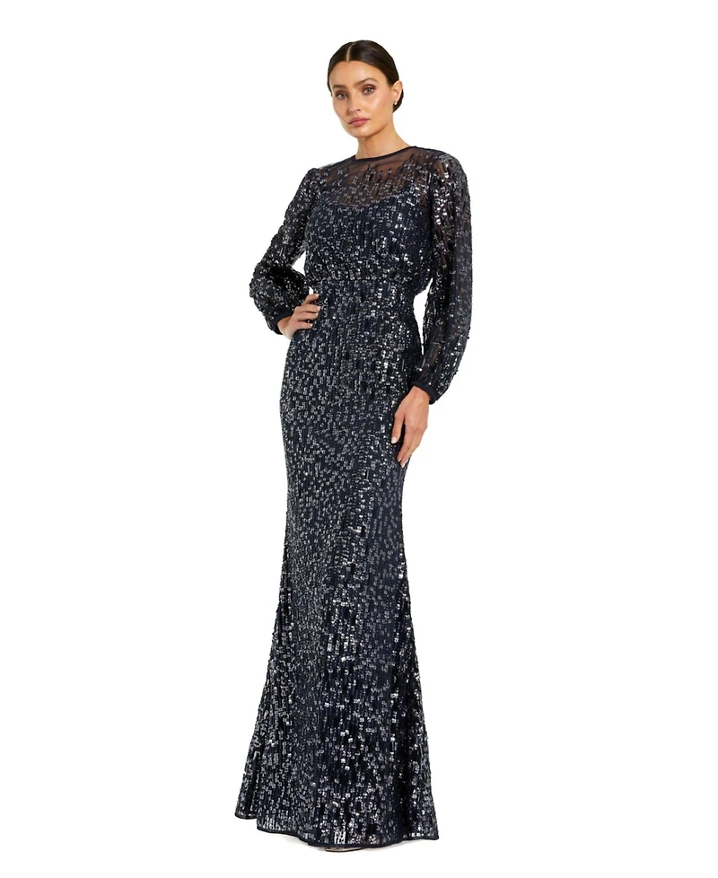 Mac Duggal Women's Sequin Long Sleeve Blouson Evening Gown