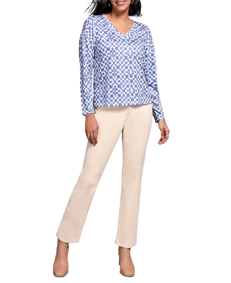 Tribal Women's Fuzzy Soft V Neck Combo Print Knit Top