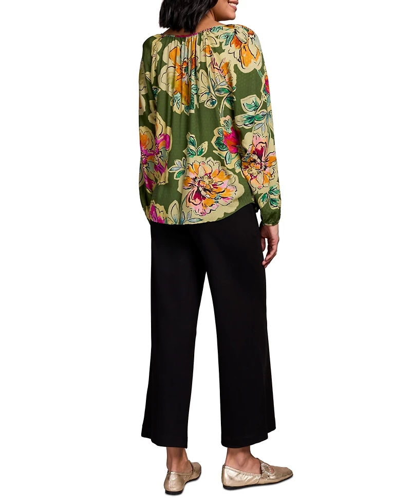 Tribal Women's Floral Textured Wove Notch Neck Top