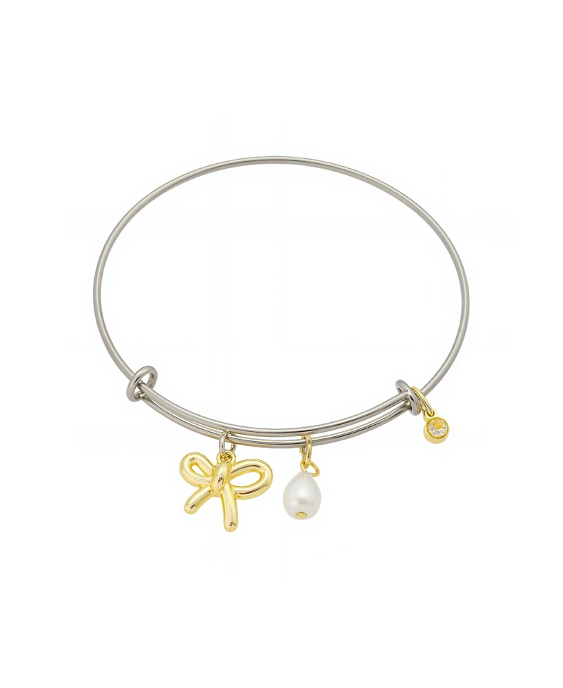 Unwritten Two Tone Tone Bow, Glass Cultivated Pearl Crystal Bezel Bangel Barcelet