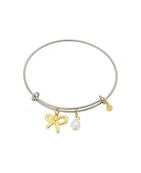 Unwritten Two Tone Tone Bow, Glass Cultivated Pearl Crystal Bezel Bangel Barcelet