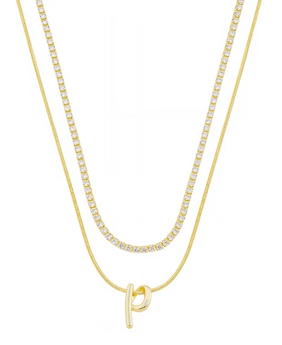 Unwritten Letter "P" Initial Snake Chain Cubic Zirconia Chain Necklace With Extender 2Pcs Set