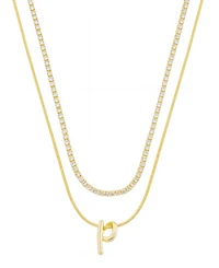 Unwritten Letter "P" Initial Snake Chain Cubic Zirconia Chain Necklace With Extender 2Pcs Set