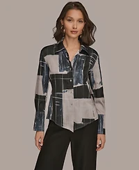 Donna Karan New York Petite Long-Sleeve Printed Blouse