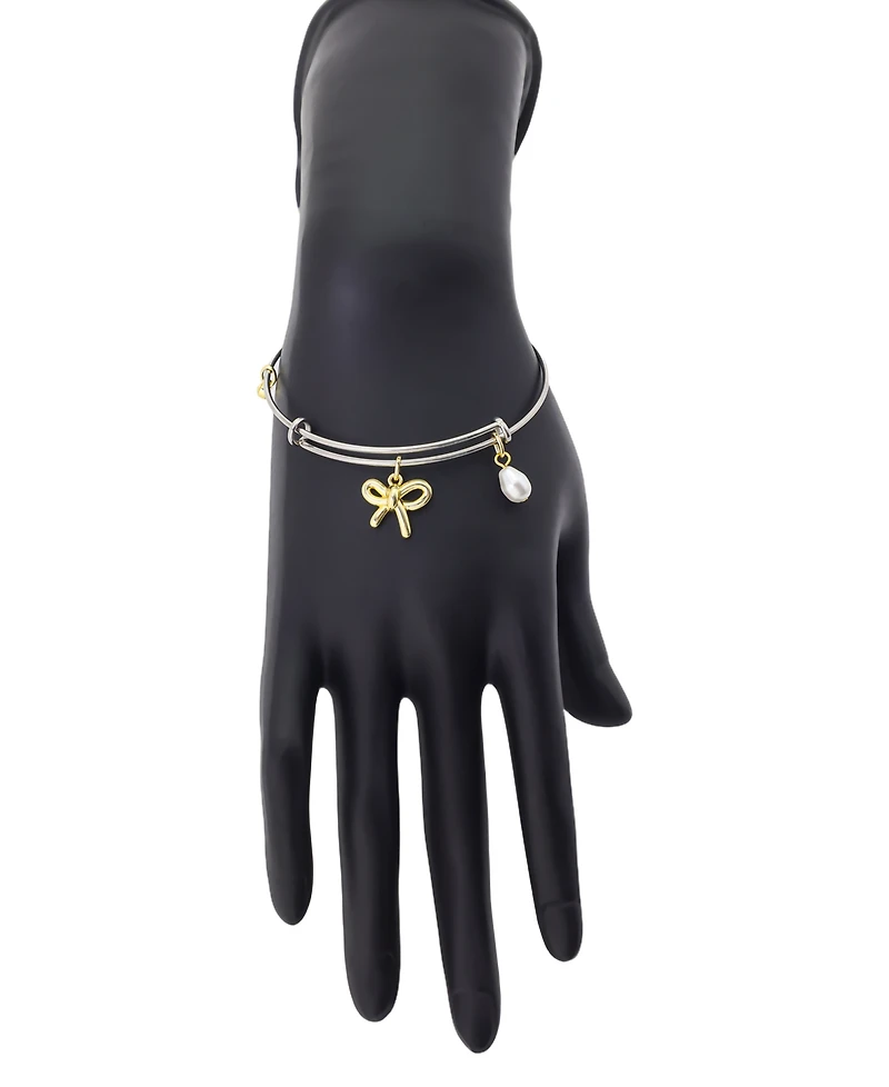 Unwritten Two Tone Tone Bow, Glass Cultivated Pearl Crystal Bezel Bangel Barcelet