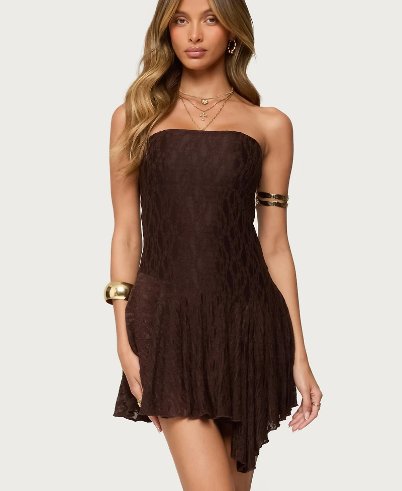 Edikted Women's Elaia Asymmetric Strapless Lace Mini Dress