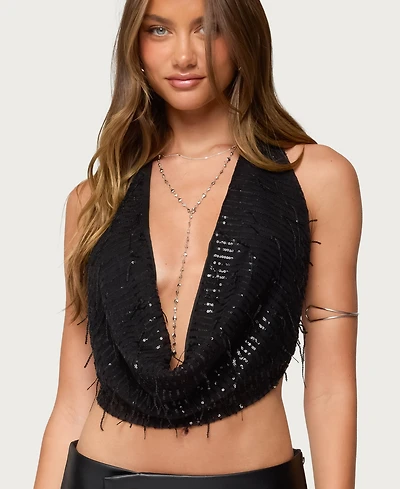 Edikted Women's Fringed Sequin Backless Halter Top