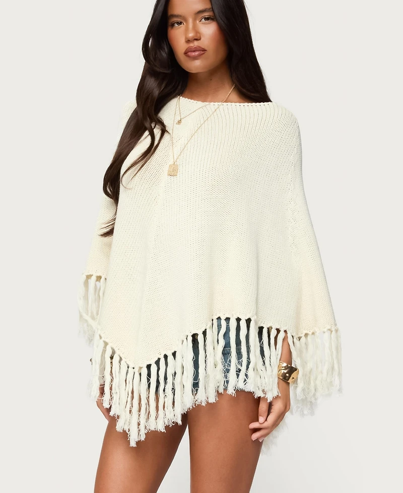 Edikted Women's Kamila Fringe Knit Poncho