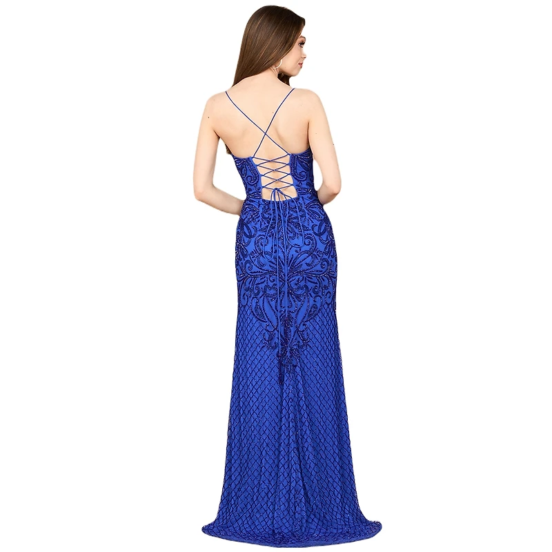 Lara Women's Lace Up Open Back Beaded Dress