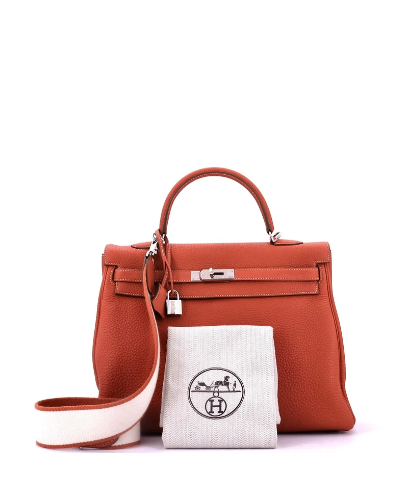 Pre-Owned Hermes Kelly 35 Handbag Orange Clemence with Palladium Hardware