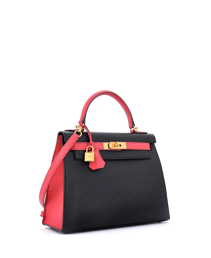 Pre-Owned Hermes Kelly 28 Handbag Bicolor Chevre Mysore with Brushed Gold Hardware