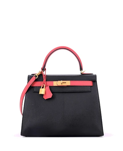 Pre-Owned Hermes Kelly 28 Handbag Bicolor Chevre Mysore with Brushed Gold Hardware