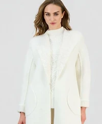 Anne Klein Womens Open Front Long Sleeve Cardigan Mock Neck Embroidered Sweater