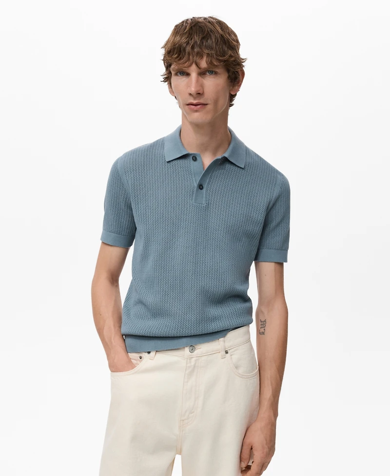 Mango Men's Openwork Knitted Cotton Polo Shirt