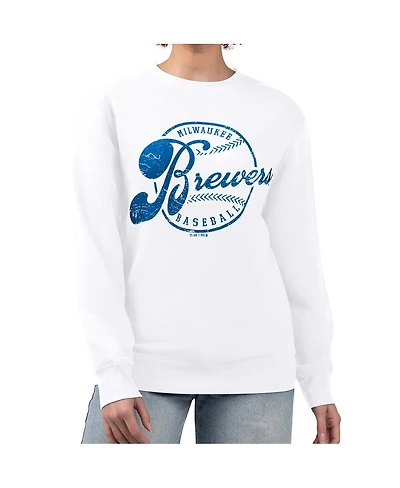 G-iii 4Her by Carl Banks Women's White Milwaukee Brewers Distressed Baseball Team Fleece Pullover Sweatshirt