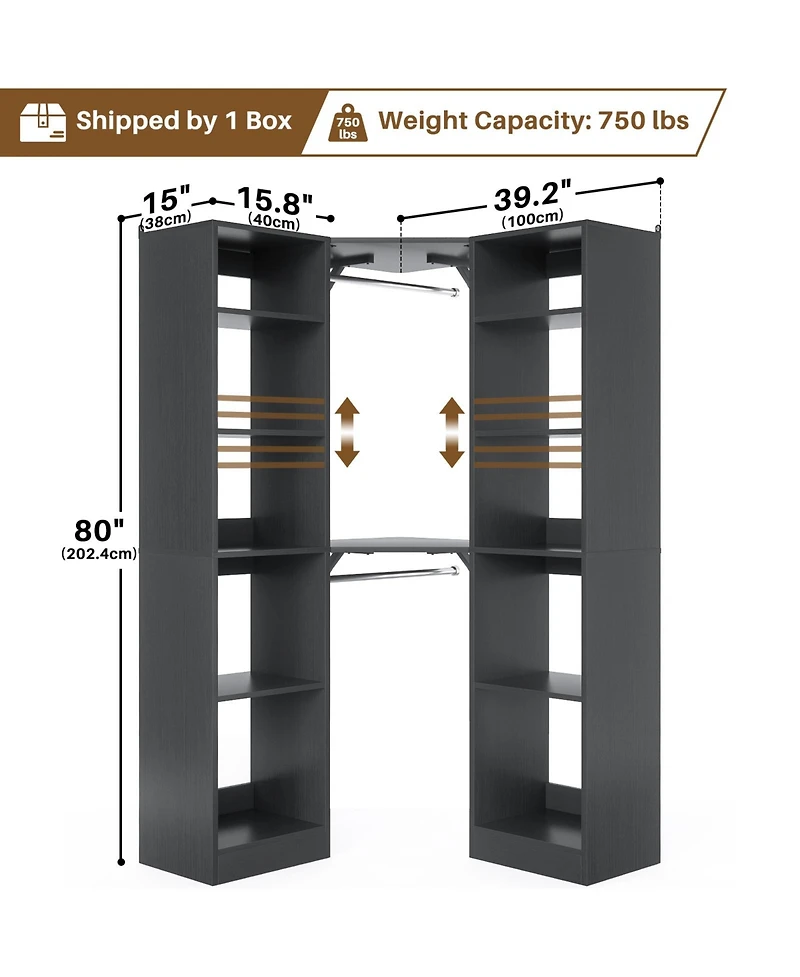 Aheaplus 40'' Large Corner Closet Organizer System with 12 Shelves, 6 Tier Walk-in 2 Hanging Rods