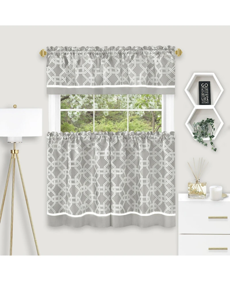 Kate Aurora Geometric Crescent 3 Piece Rod Pocket Cafe Kitchen Curtain Tier & Valance Set
