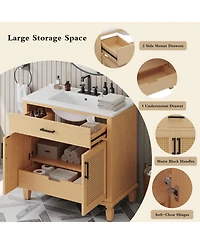 Lovmor 36inch Rattan Bathroom Vanity with Ceramic Sink Modern Bathroom Sink Cabinet