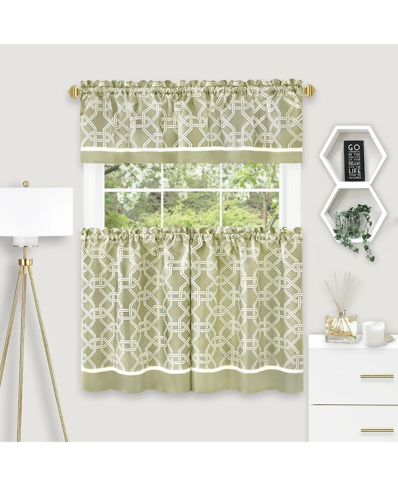 Kate Aurora Geometric Crescent 3 Piece Rod Pocket Cafe Kitchen Curtain Tier & Valance Set - in. Long