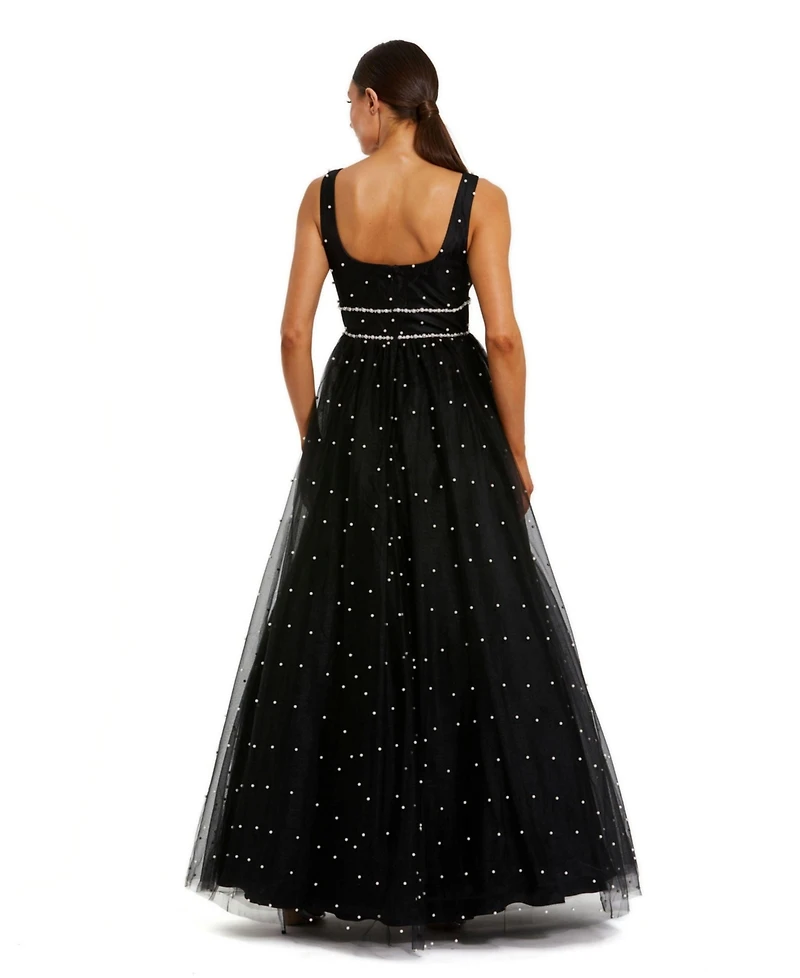 Mac Duggal Women's Pearl Embellished Tulle Sleeveless Ballgown