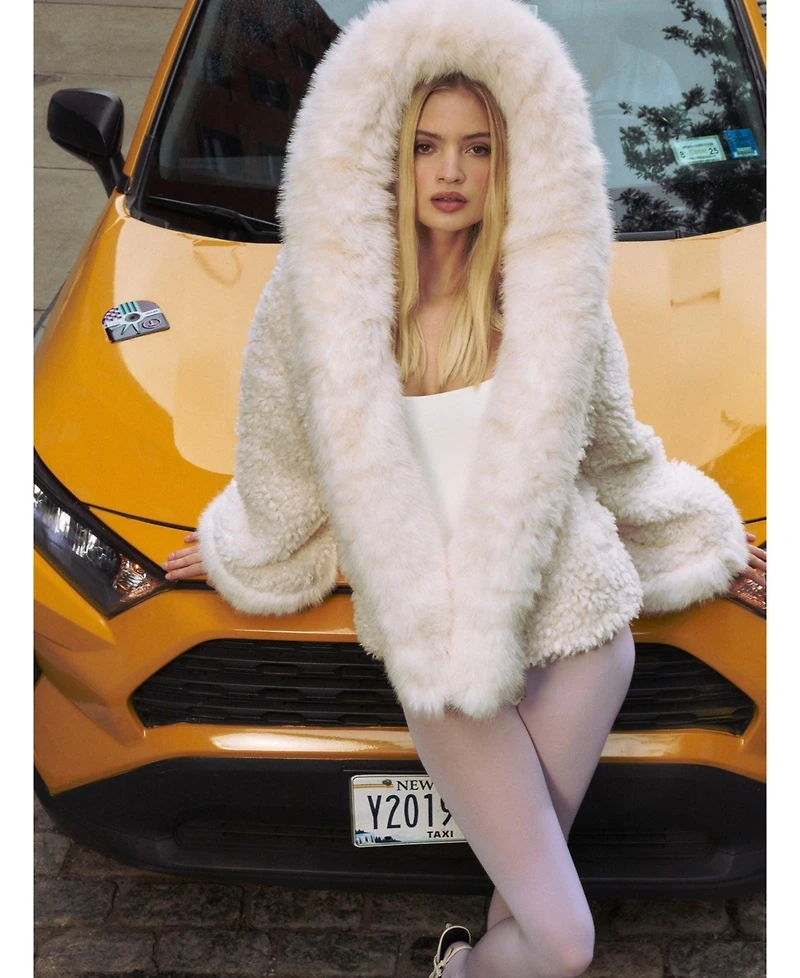 Miss Circle Women's Jumbo Kali White Faux Shearling Fur Trimmed Coat