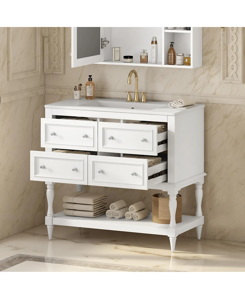 36inch Bathroom Vanity Cabinet with 4 Drawers Solid Wood Frame Bathroom Cabinet White