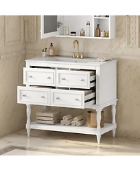 36inch Bathroom Vanity Cabinet with 4 Drawers Solid Wood Frame Bathroom Cabinet White