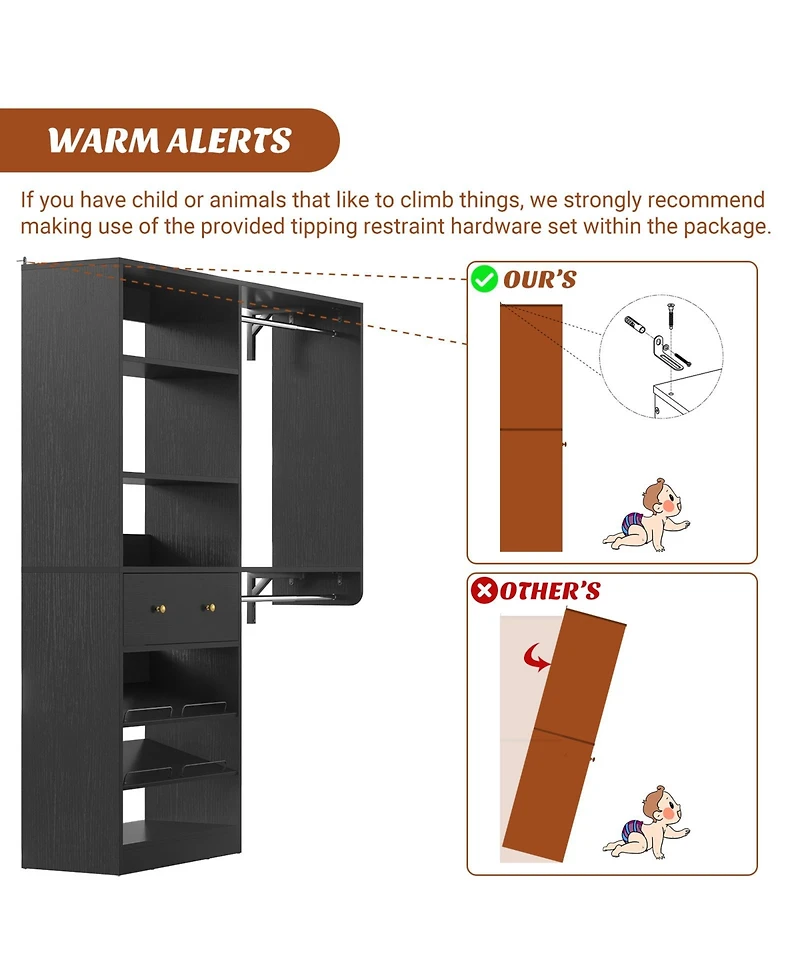 Aheaplus Closet System with Drawer, 5FT Organizer 2 Hanging Rods and Adjustable Shelf, Reversible
