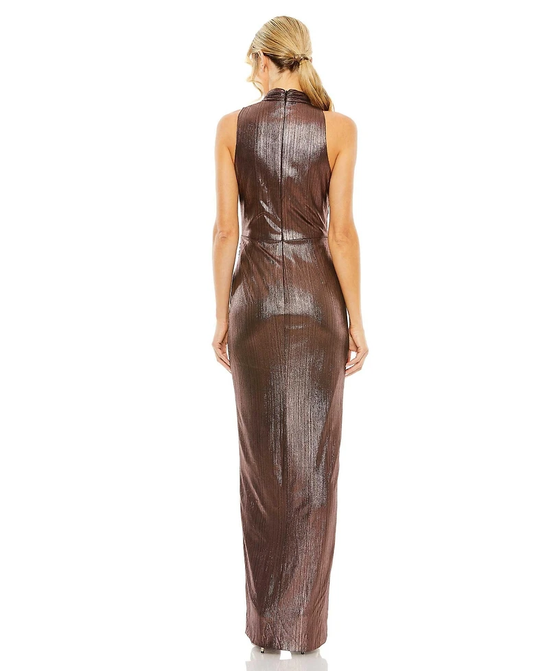 Mac Duggal Women's High Neck Sleeveless Metallic High Slit Gown