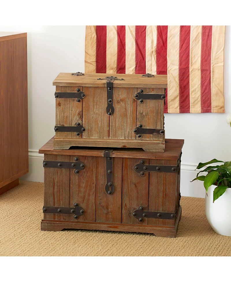 Household Essentials 2 Piece Decorative Trunks, Victorian Set, Small and Large, Chinese Fir Wood