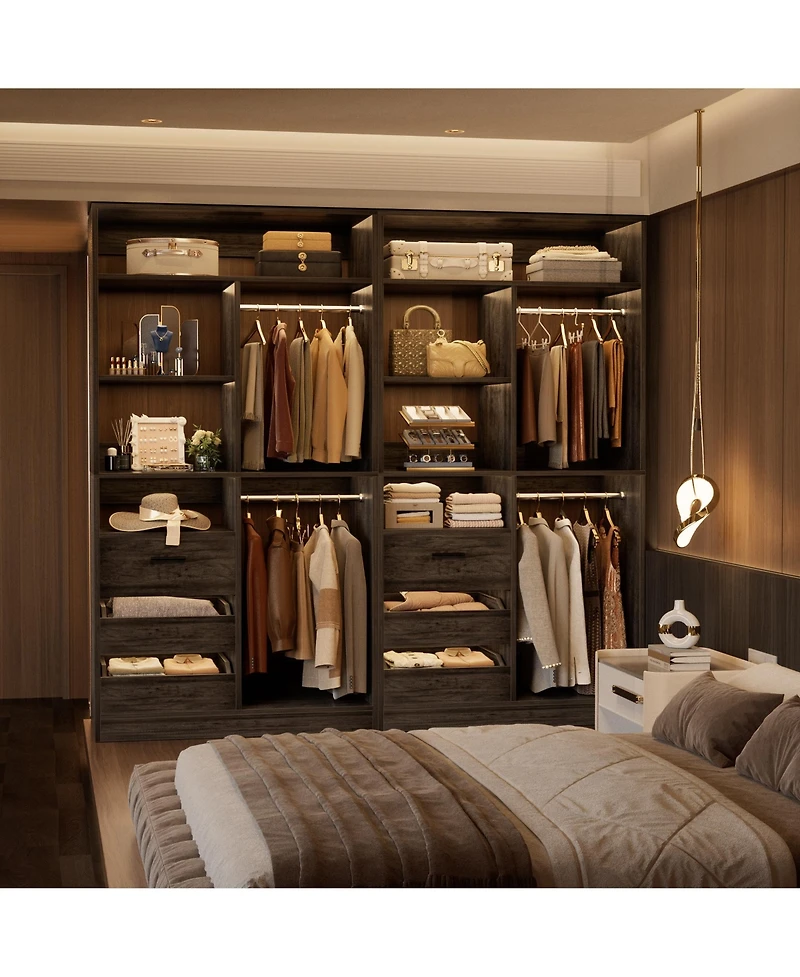 36'' Freestanding Walk-in Closet Organizer System with 3 Drawers, Heavy Duty 2 Hanging Rods & Shelves