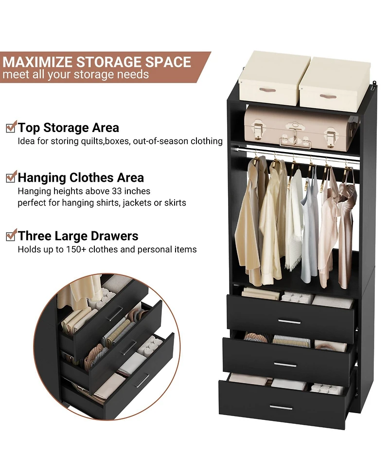 Freestanding 2FT Closet System with 3 Wooden Drawers, 24'' Organizer Hanging Rod & Shelves