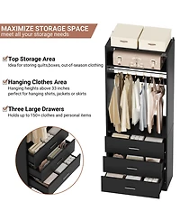 Freestanding 2FT Closet System with 3 Wooden Drawers, 24'' Organizer Hanging Rod & Shelves